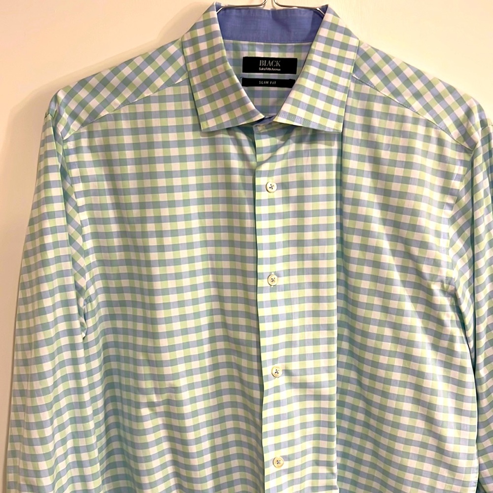 Mens Saks Fifth Avenue Slim Fit Lime and Blue Check Shirt Size L